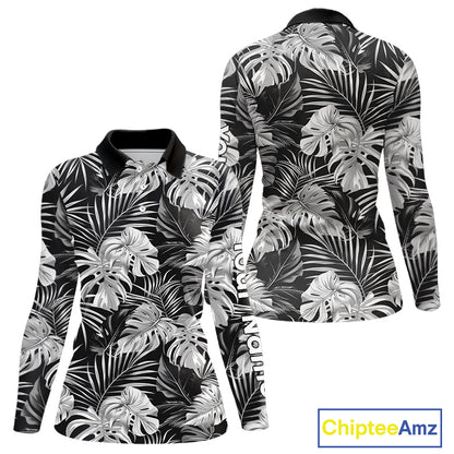 Womens Long Sleeve Golf Polo Shirt Retro Floral Pattern Tropical Leaves Custom Team Golf Shirt NHN0190