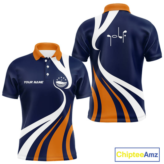 Mens Golf Polo Shirts Orange And Blue Pattern With Custom Golf Ball Name, Golf Gifts NHN0061
