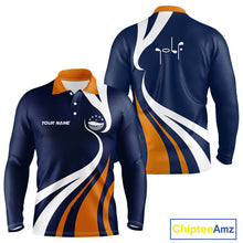 Load image into Gallery viewer, Long Sleeve Golf Polo Shirt Orange And Blue Pattern Personalized Golf Ball Name Golf Apparel NHN0061