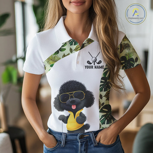 Funny Green Tropical Pattern Womens Golf Polo Shirts Custom White Golf Ball, Poodle Dog Lover Gift NHN0067