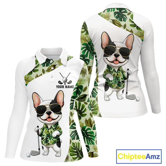 Green Tropical Long Sleeve Golf Polo Shirt For Women Custom Cute Bulldog Golf Tops, White Golf Outfit NHN0067
