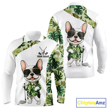Load image into Gallery viewer, Green Tropical Pattern Long Sleeve Golf Polo Shirt Custom Cute Bulldog Golf Tops, White Golf Outfit NHN0067