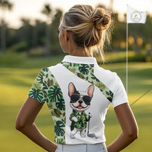 Load image into Gallery viewer, Green Tropical Pattern Womens Golf Polo Shirts Custom Cute Bulldog Golf Tops, White Ladies Golf Outfit NHN0067