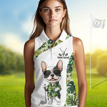 Load image into Gallery viewer, Green Tropical Womens Sleeveless Golf Polo Shirt Custom Cute Bulldog Golf Tops, White Golf Outfit NHN0067