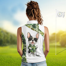 Load image into Gallery viewer, Green Tropical Womens Sleeveless Golf Polo Shirt Custom Cute Bulldog Golf Tops, White Golf Outfit NHN0067