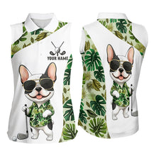Load image into Gallery viewer, Green Tropical Womens Sleeveless Golf Polo Shirt Custom Cute Bulldog Golf Tops, White Golf Outfit NHN0067