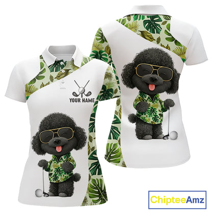Funny Womens Golf Polo Shirt Custom Tropical Leaf Pattern Personalized Poodle Dog Golf Shirts For Women NHN0067