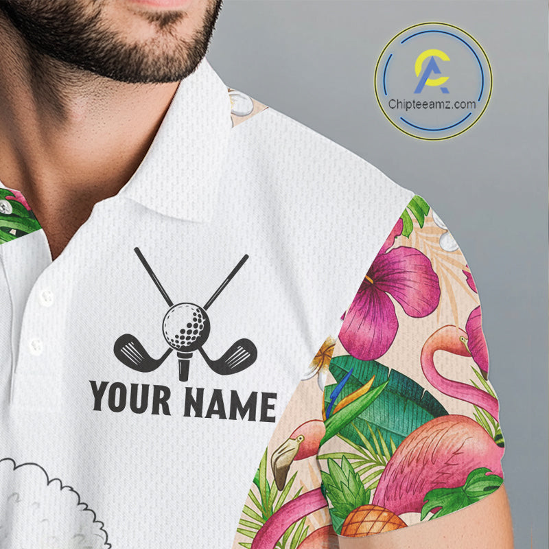 Funny Mens Golf Polo Shirt Custom Tropical Flamingo Pink Pattern, White Poodle Golf Outfit For Men NHN0067