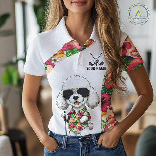 Funny Womens Golf Polo Shirt Custom Tropical Flamingo Pink Pattern, White Poodle Golf Outfit NHN0067
