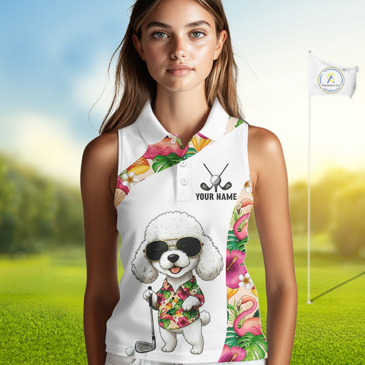 Funny Womens Sleeveless Golf Polo Shirt Custom Tropical Flamingo Pattern, White Poodle Golf Outfit NHN0067
