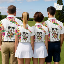 Load image into Gallery viewer, Funny Mens Golf Polo Shirt Custom Tropical Flamingo Pink Pattern, White Poodle Golf Outfit For Men NHN0067