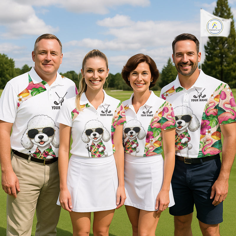 Funny Womens Golf Polo Shirt Custom Tropical Flamingo Pink Pattern, White Poodle Golf Outfit NHN0067
