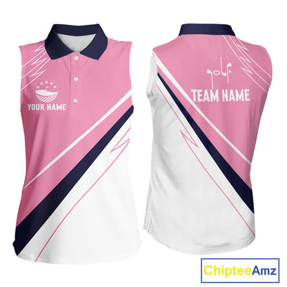 Womens Sleeveless Golf Polo Shirt Custom Blue And Pink Golf Shirt Personalized White Team Golf Shirts NHN0075