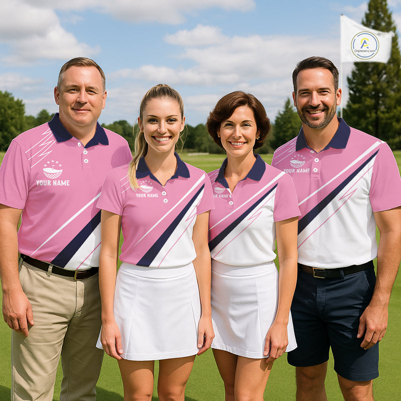 Mens Golf Polo Shirt Custom Blue And Pink Golf Shirt, White Team Golf Shirts Personalized  NHN0075