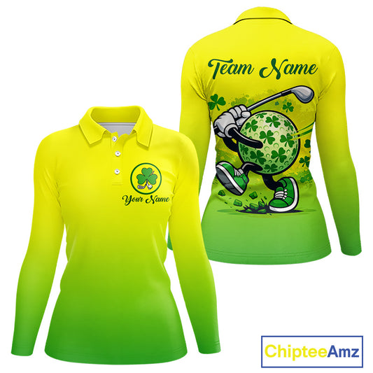 Neon Green Womens Long Sleeve Golf Polo Shirt Custom Name Green Clover St Patrick Day Golf Shirts NHN0206