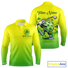 Load image into Gallery viewer, Neon Green Long Sleeve Golf Polo Shirt Custom Name Green Clover St Patrick Day Golf Shirts NHN0206