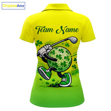 Load image into Gallery viewer, Neon Green Womens Golf Polo Shirt Custom Name Green Clover St Patrick Day Golf Shirts, Golfer Gift NHN0206