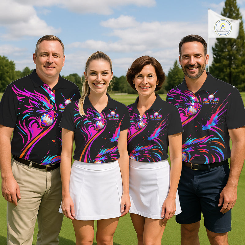Wolf Womens Golf Polo Shirt Custom Neon Purple Pattern Team Golf Tops, Black Golf Outfit For Ladies NHN0085