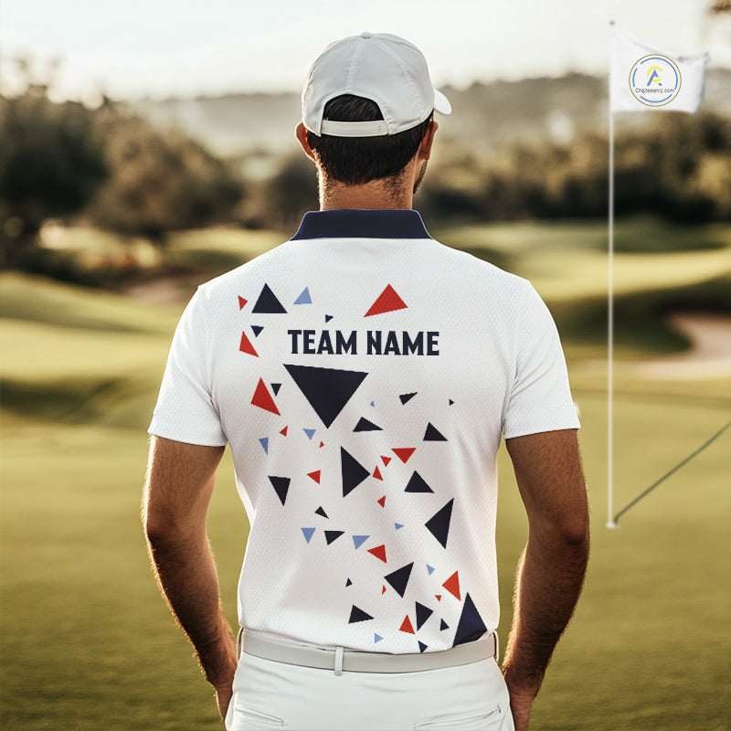 Mens Golf Polo Shirt Custom Orange And Blue Triangle Pattern Team Golf Tops, White Golf Attire NHN0086