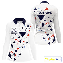 Load image into Gallery viewer, Womens Long Sleeve Golf Polo Shirt Custom Orange &amp; Blue Triangle Pattern Team Golf Tops, White Golf Attire NHN0086
