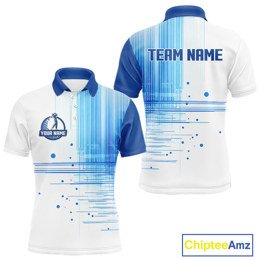 Mens Golf Polo Shirt Custom Blue Pattern Team Golf Tops, White Golf Golf Outfit For Men NHN0087