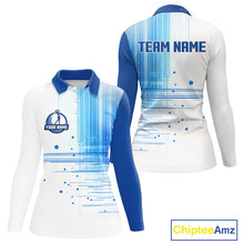 Load image into Gallery viewer, Womens Long Sleeve Golf Polo Shirt Custom Blue Pattern Team Golf Tops, White Golf Golf Outfit For Ladies NHN0087