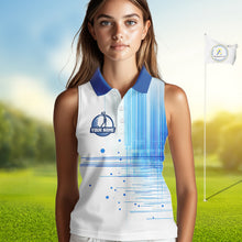 Load image into Gallery viewer, Womens Sleeveless Golf Polo Shirt Custom Blue Pattern Team Golf Tops, White Golf Golf Outfit For Ladies NHN0087