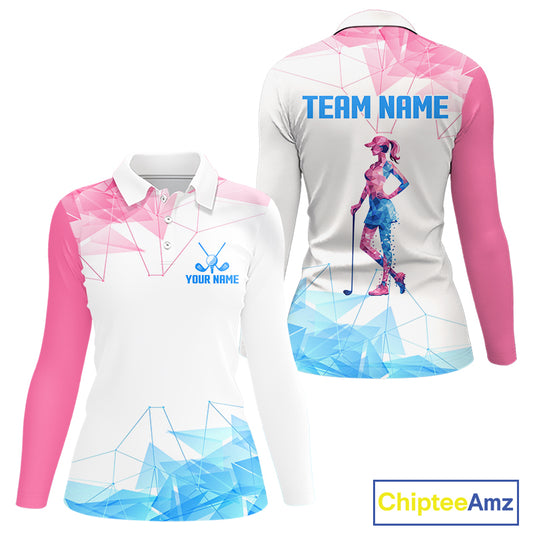 Long Sleeve Golf Polo Shirt Blue & Pink Polygonal Pattern Custom White Golf Clubs Golf Shirts For Women NHN0098