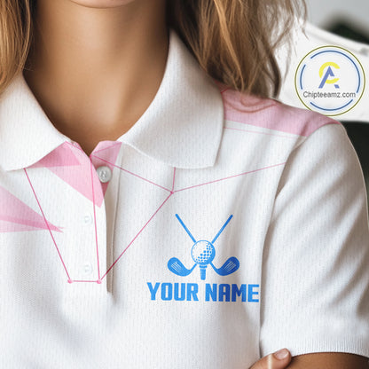 Womens Golf Polo Shirts Blue And Pink Polygonal Pattern Custom Name White Golf Shirts For Ladies NHN0098