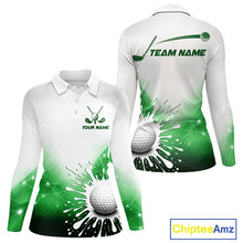 Load image into Gallery viewer, Green Geometric Triangle Women Long Sleeve Golf Polo Shirt Custom Watercolor Golf Ball White Golf Tops NHN0119