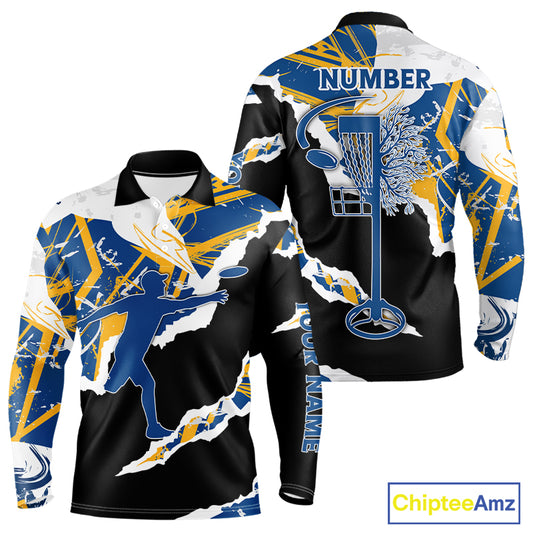 Mens Disc Golf Polo Shirt Custom Name Navy Blue Camo Disc Golf Basket Shirt Team Disc Golf Jersey NHN0014