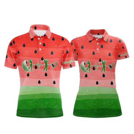 Watermelon Polo Shirt For Women Men, Heartbeat Couple Matching Golf Polo Shirt Custom Valentines Outfit NHN0148