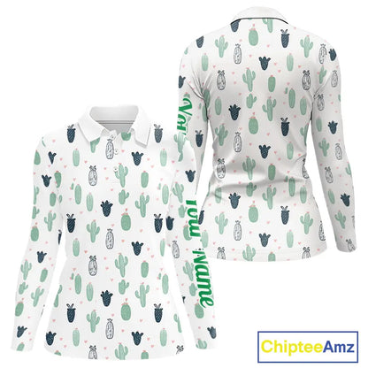 Funny Cactus Flower Pattern Womens Long Sleeve Golf Polo Shirt Custom, Cactus Golf Shirt Personalized NHN0151