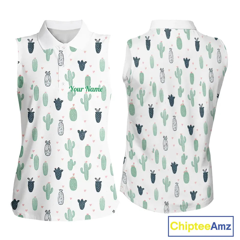 Funny Cactus Flower Pattern Womens Sleeveless Golf Polo Shirt Custom, Cactus Golf Shirt Personalized NHN0151
