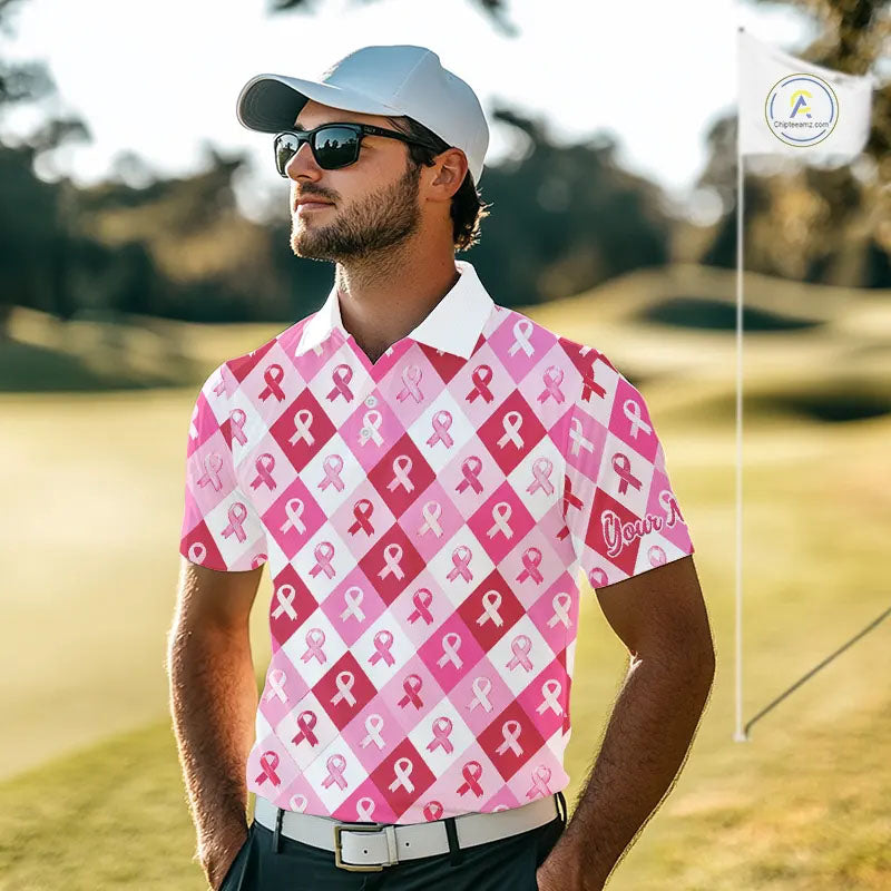 Pink Plaid Mens Golf Polo Shirt Custom Pink Ribbon Breast Cancer Awareness Team Golf Tops, Golf Gifts NHN0165