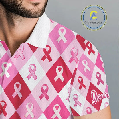 Pink Plaid Mens Golf Polo Shirt Custom Pink Ribbon Breast Cancer Awareness Team Golf Tops, Golf Gifts NHN0165