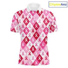 Load image into Gallery viewer, Pink Plaid Mens Golf Polo Shirt Custom Pink Ribbon Breast Cancer Awareness Team Golf Tops, Golf Gifts NHN0165