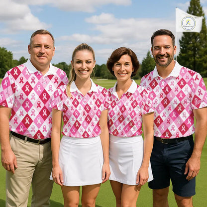 Pink Plaid Womens Golf Polo Shirt Custom Pink Ribbon Breast Cancer Awareness Team Golf Tops NHN0165