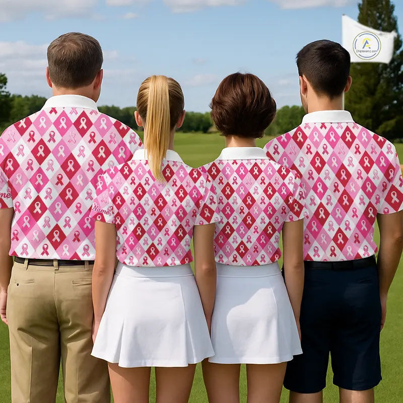 Pink Plaid Womens Golf Polo Shirt Custom Pink Ribbon Breast Cancer Awareness Team Golf Tops NHN0165