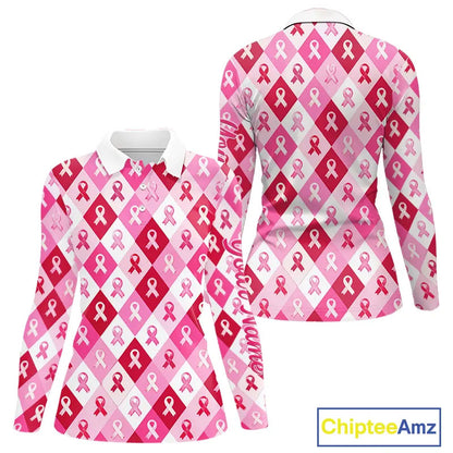 Plaid Womens Long Sleeve Golf Polo Shirt Custom Pink Ribbon Breast Cancer Awareness Team Golf Tops NHN0165