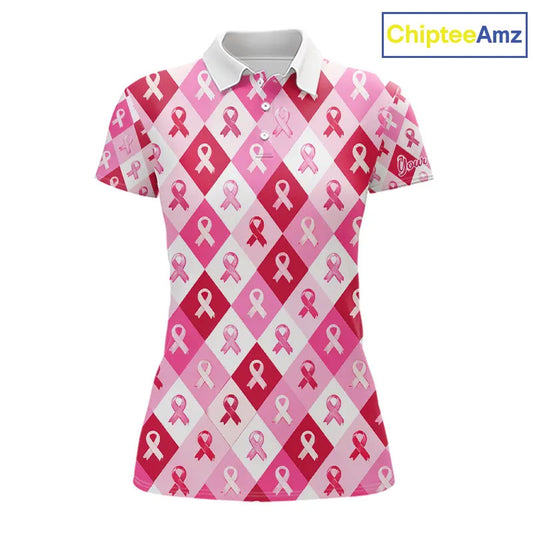 Pink Plaid Womens Golf Polo Shirt Custom Pink Ribbon Breast Cancer Awareness Team Golf Tops NHN0165