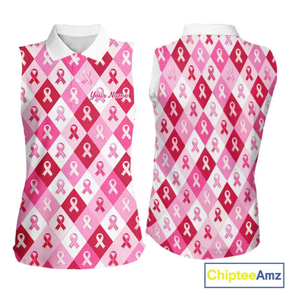 Pink Plaid Womens Sleeveless Golf Polo Shirt Custom Pink Ribbon Breast Cancer Awareness Team Golf Tops NHN0165