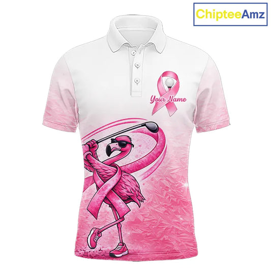 Pink Breast Cancer Golf Shirt, Funny Flamingo Cancer Awareness Mens Golf Polo Shirt, Golf Gifts NHN0167
