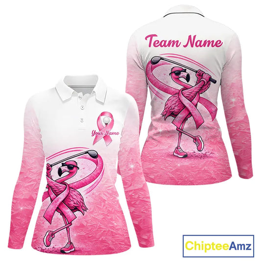 Pink Breast Cancer Golf Shirt, Funny Flamingo Womens Long Sleeve Golf Polo Shirt Custom Name Golf Gifts NHN0167