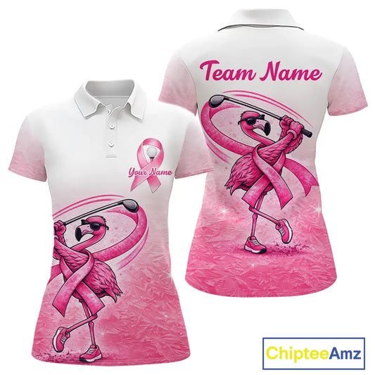 Pink Breast Cancer Golf Shirt, Funny Flamingo Womens Golf Polo Shirt Custom Cancer Awareness Golf Gifts NHN0167