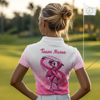 Pink Breast Cancer Golf Shirt, Funny Flamingo Womens Golf Polo Shirt Custom Cancer Awareness Golf Gifts NHN0167