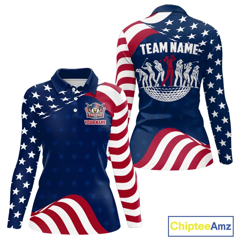 Funny Long Sleeve Golf Polo Shirt Custom Name American Flag Golf Shirt For Women, Patriotic Gift NHN0173