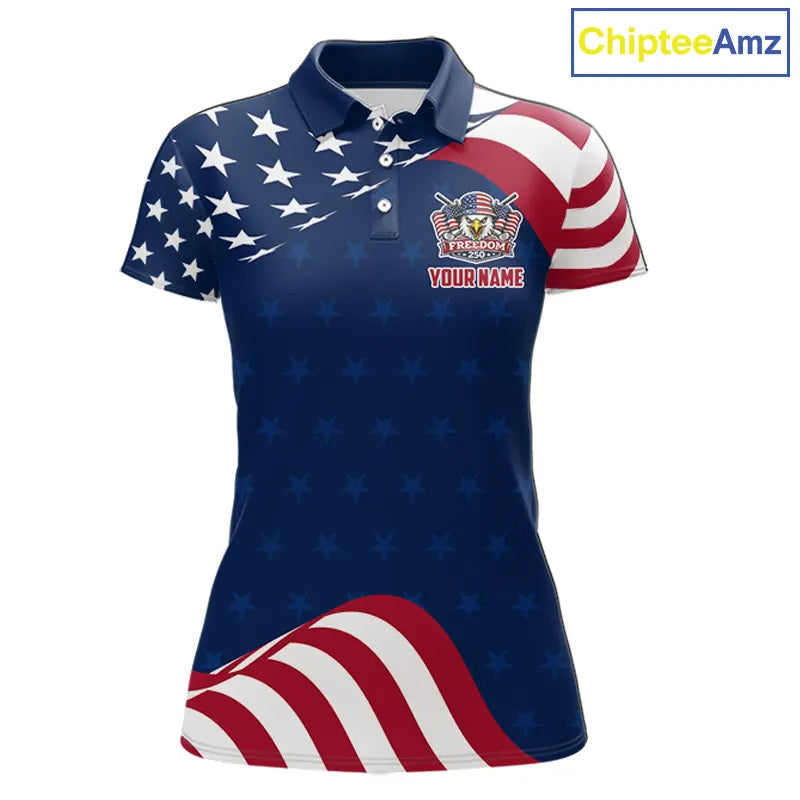 Funny Womens Golf Polo Shirt Custom Name American Flag Polo Shirt, 250 Years Of Freedom Patriotic Gift NHN0173