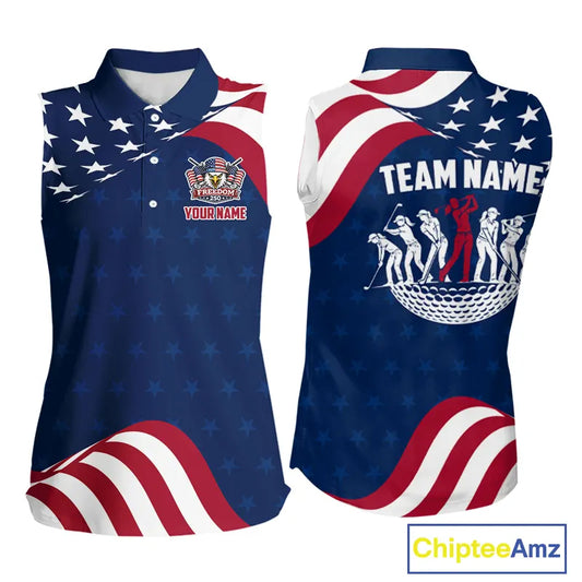 Funny Womens Sleeveless Golf Polo Shirt Custom Name American Flag Polo Shirt, Patriotic Gift NHN0173