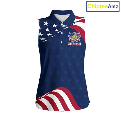 Funny Womens Sleeveless Golf Polo Shirt Custom Name American Flag Polo Shirt, Patriotic Gift NHN0173